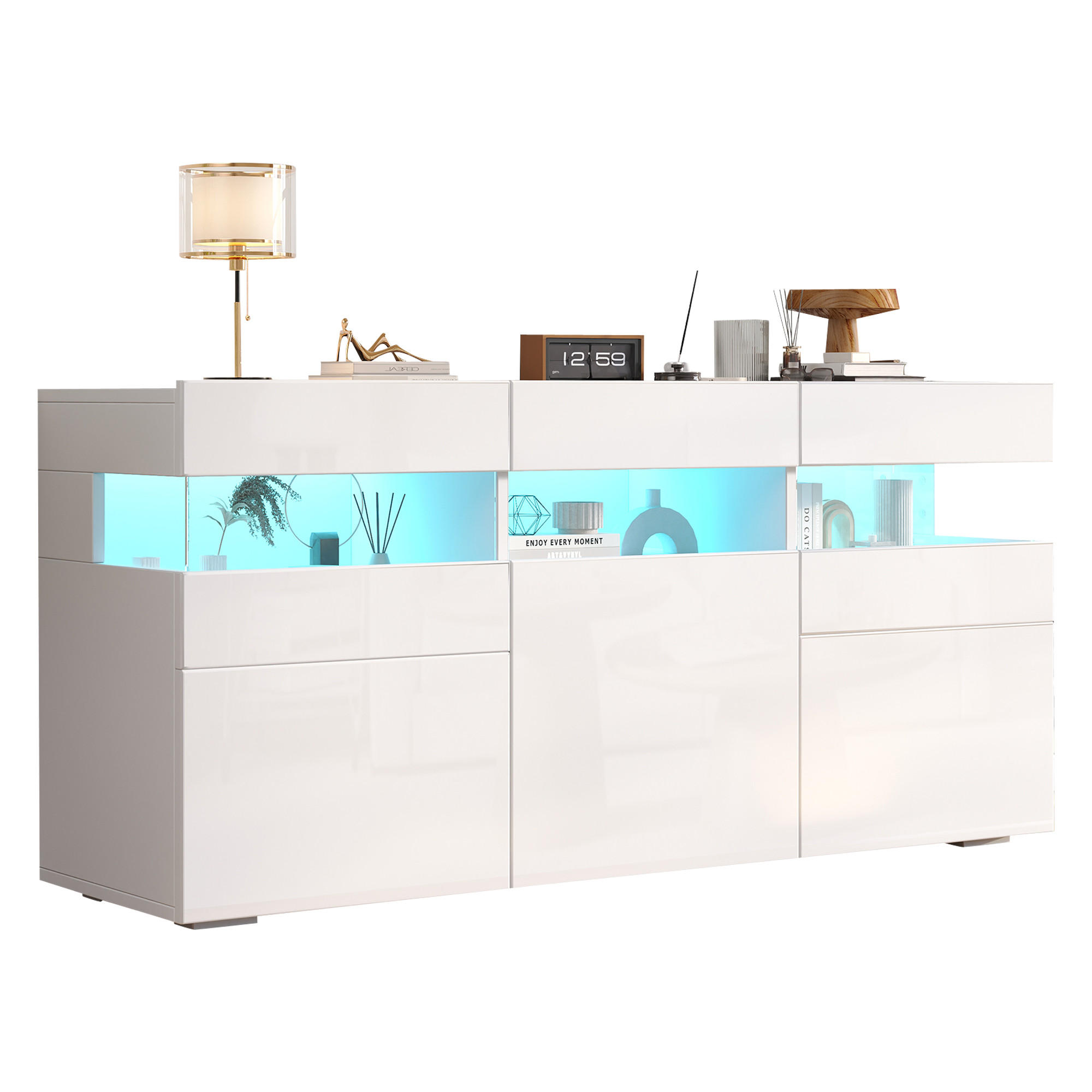 SIDEBOARD DE-37801 mit LED-Beleuchtung und 3 Türen Weiß - Weiß, Holzwerkstoff (140/66.5/40.5cm) - ComfortXL