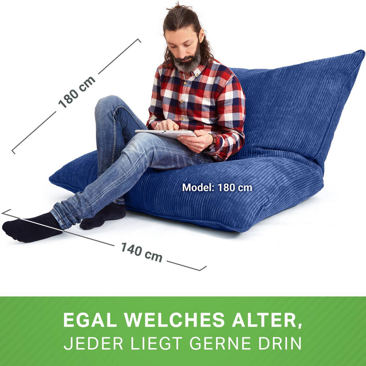 SITZSACK XXL "Square" aus Cord – 370 L - Dunkelblau, Textil (140/25/180cm) - Green Bean
