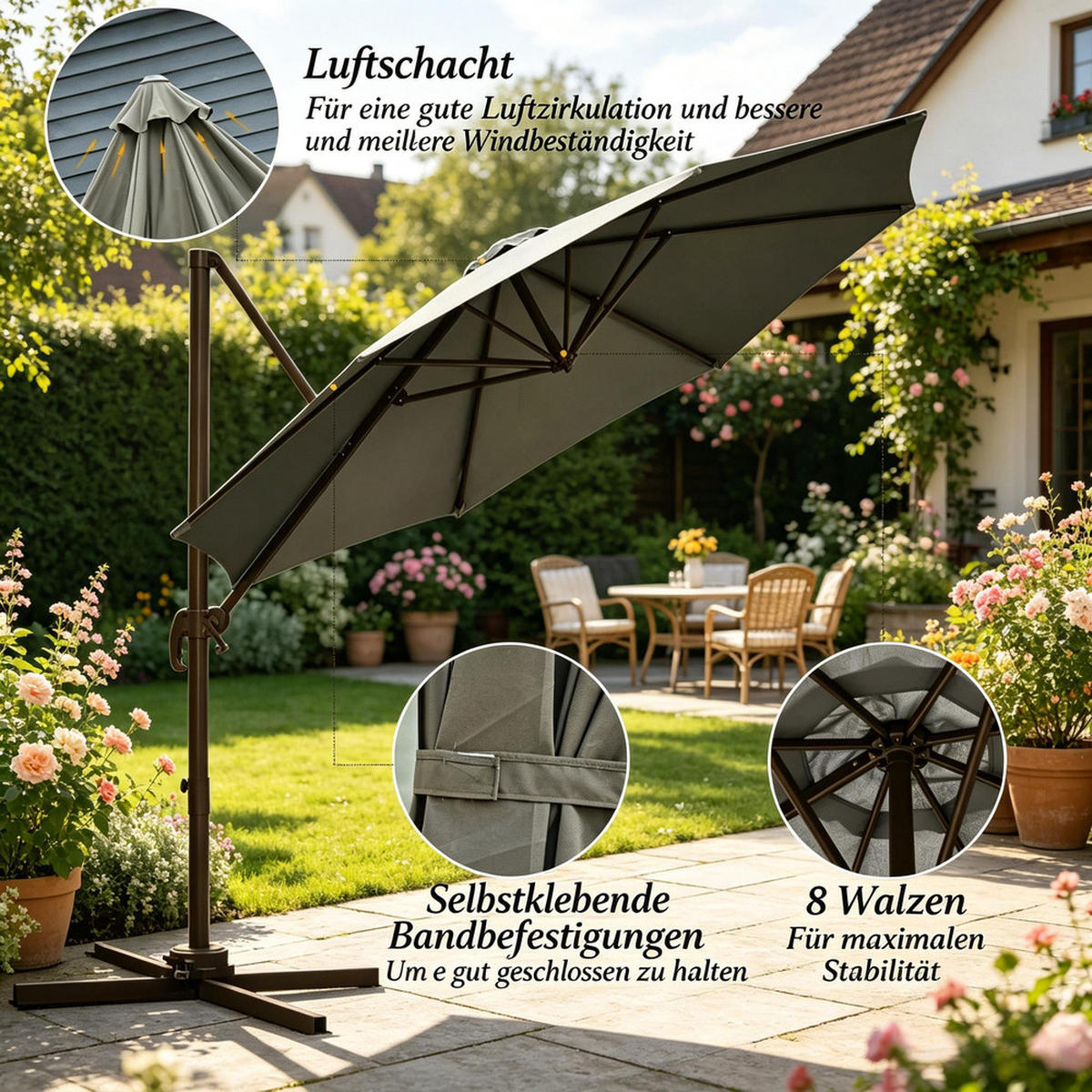 SONNENSCHIRM Aluminium2.95m Dunkelgrau 360° Drehbar - Dunkelgrau, Textil (295/295cm) - Raelunyi