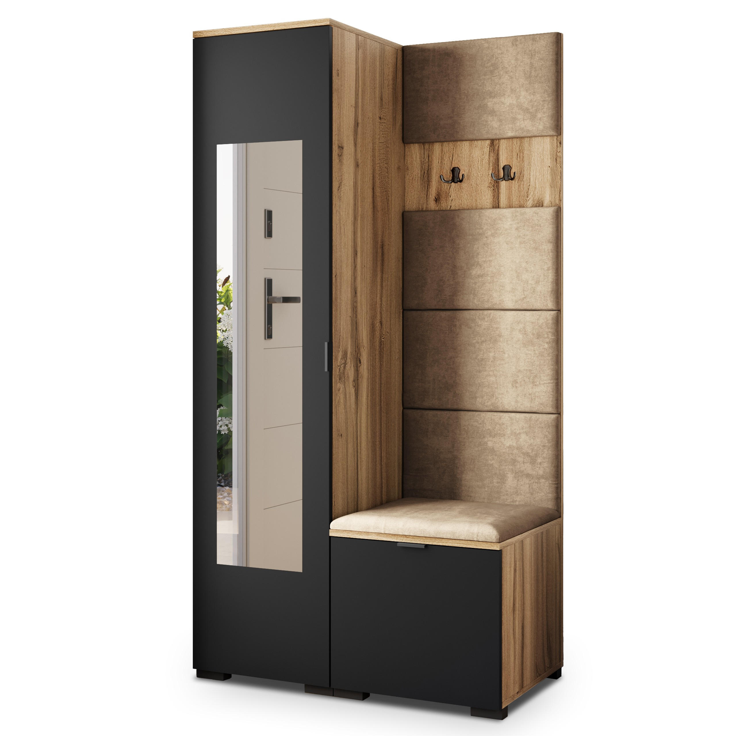 Masseno Garderobenschrank Eiche Wotan, Schwarz, Mokka 95x181x51 cm