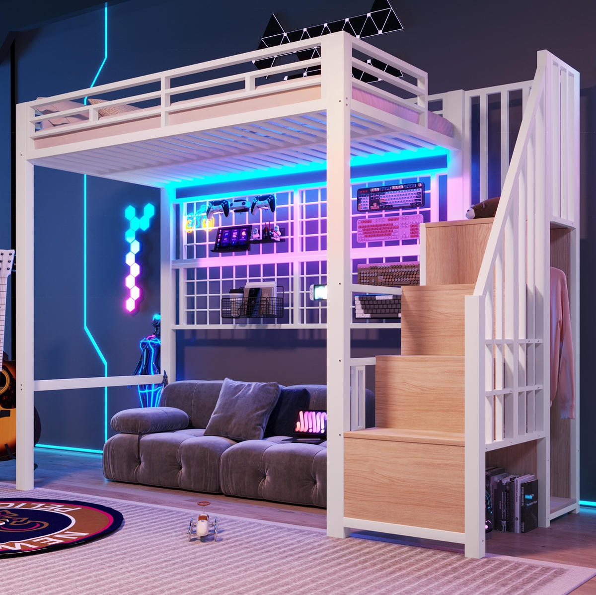 HOCHBETT 90/200 cm Weiß mit Stauraumleiter, Hängegitter und LED - Weiß, Metall (90/200cm) - MIVRAY