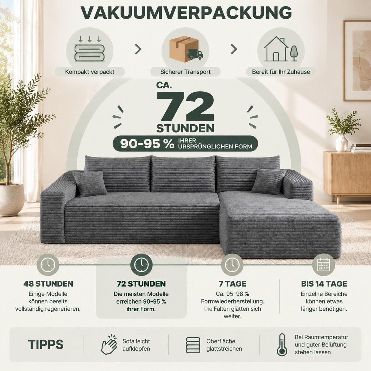 ECKSOFA Cord Dunkelgrau - Grau, Textil (241/151cm) - WISHDOR