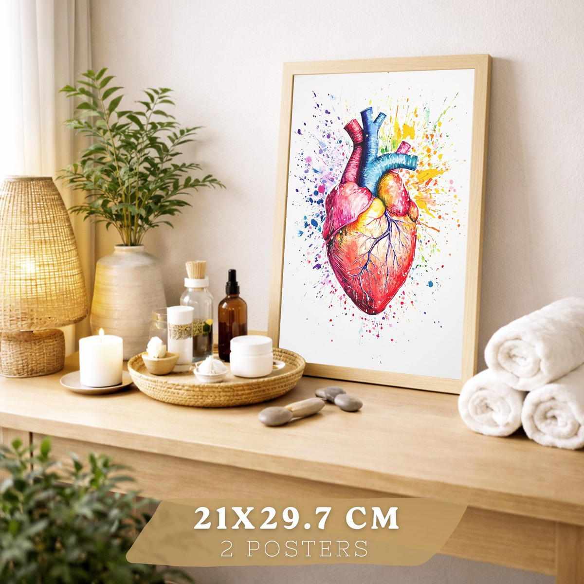 POSTER Set aus 2 Anatomie Drucke und Wandbilder mit Gehirn und Herz Künstlerische Mehrfarbig Aquarell Illustration Größe Leichter Holzrahmen A4 - Beige, Papier (21/29.7/3cm) - Nacnic