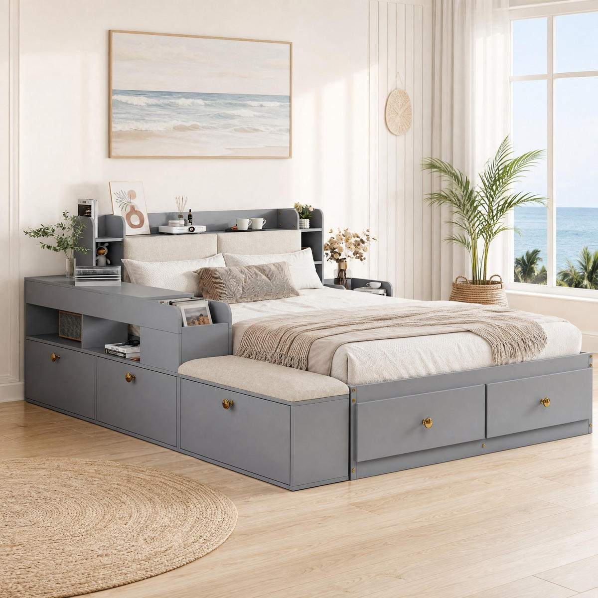 FUTONBETT 140/200 mit Stauraum, Schubladen und Nachttisch in Grau - Grau, Holzwerkstoff (140/200cm) - EVRYAE