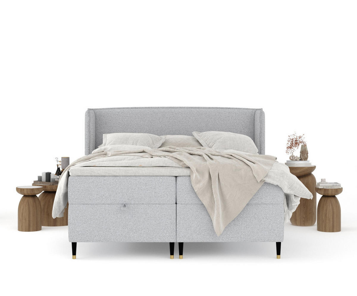 BOXBETT Monpelli Hellgrau 160/200 cm mit Matratze und Topper - Hellgrau/Schwarz, Holz/Holzwerkstoff (160/200cm) - Maison de Reve