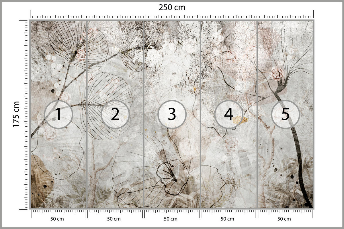 FOTOTAPETE für Wohnzimmer Vintage Blätter Blumen Beton Abstrakt 250x175 - Gelb/Orange, Papier (250/175cm) - Muralo