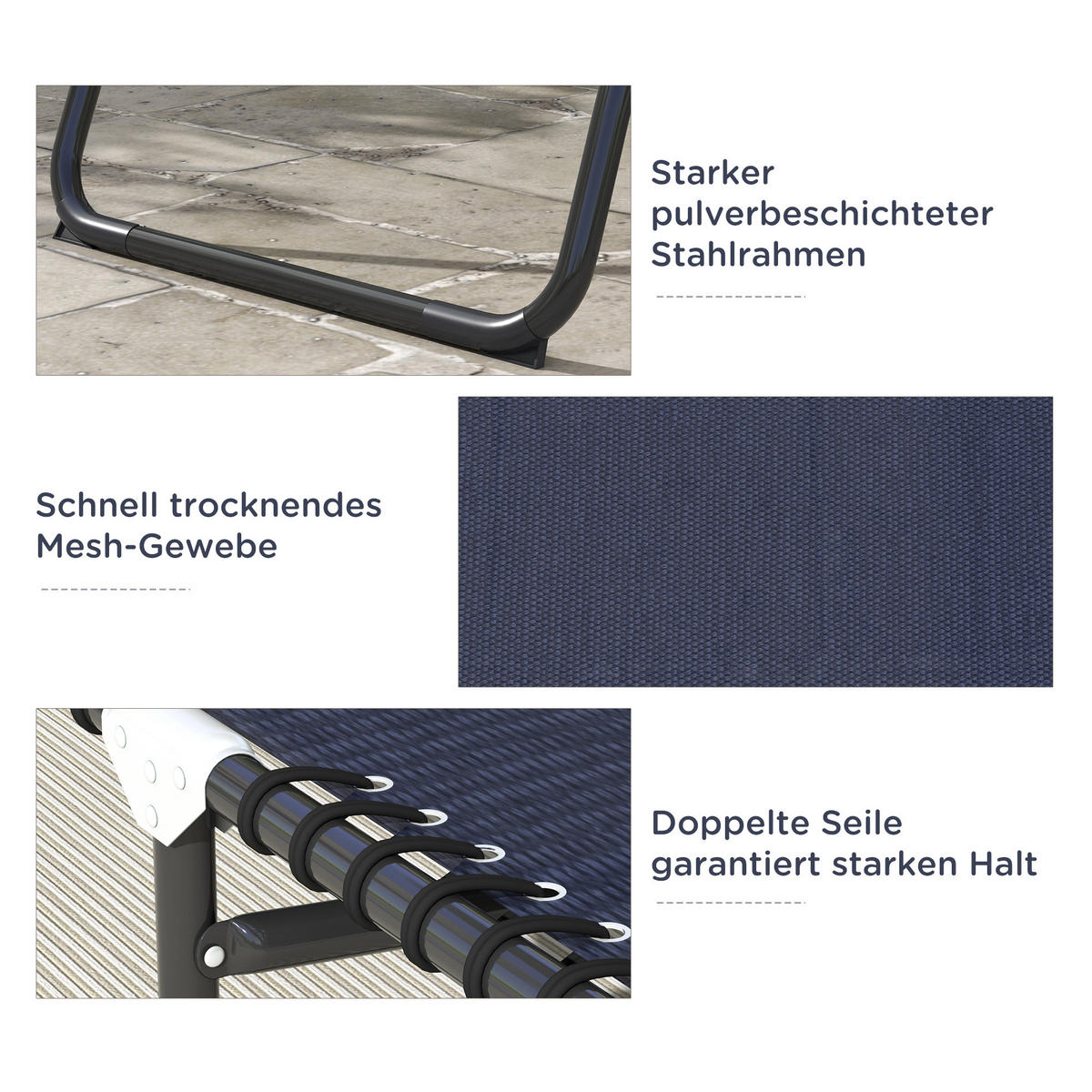 KLAPPBARE Sonnenliege mit 4-fach verstellbarer Rückenlehne, wetterfeste Camping- und Gartenliege bis 120 kg, Grau - Grau, Metall (189/30/58cm)