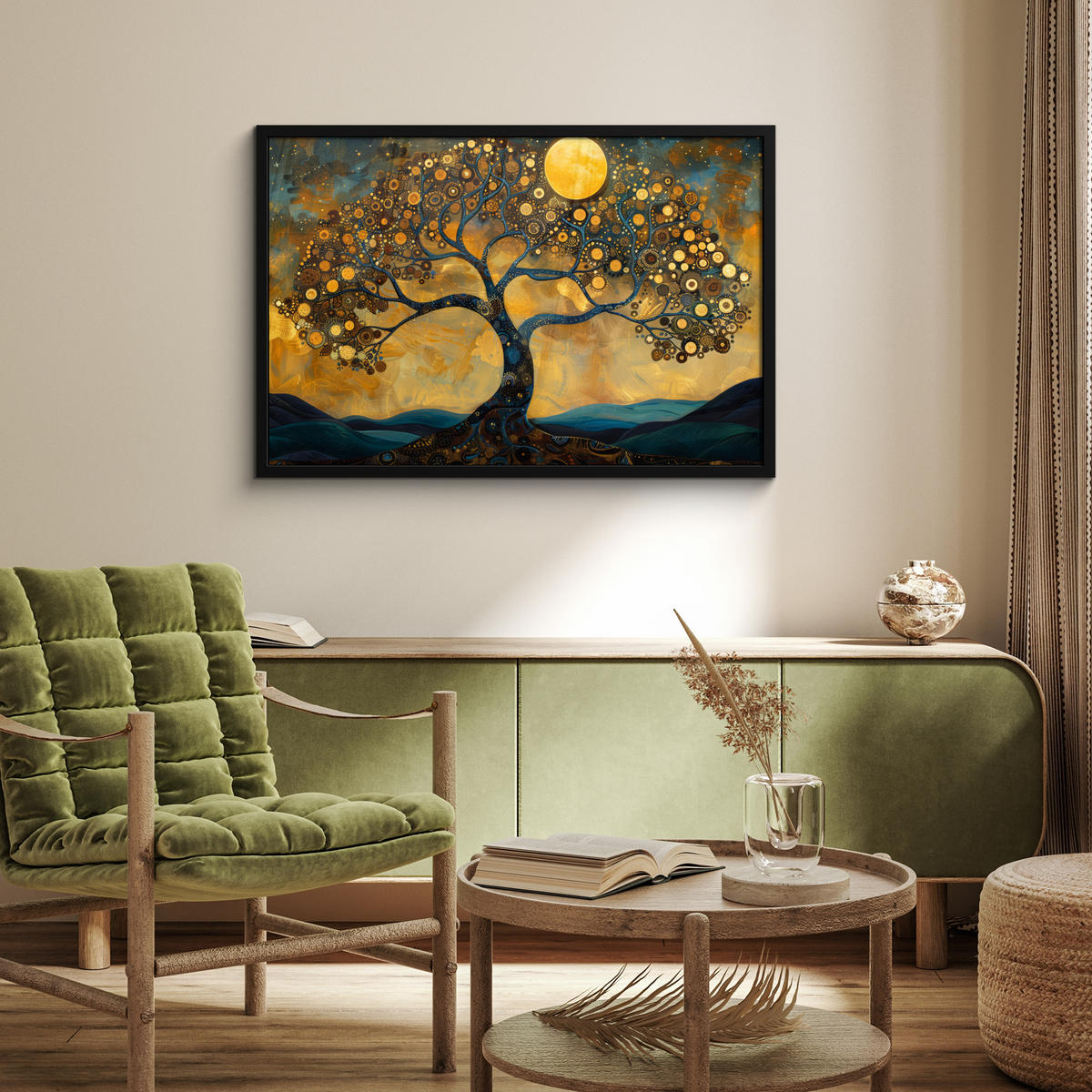POSTER MIT RAHMENGERAHMTES BILD Baum - Mond - Blumen - Gold - Kunst 90x60 cm - Orange, Papier (90/60cm) - MuchoWow