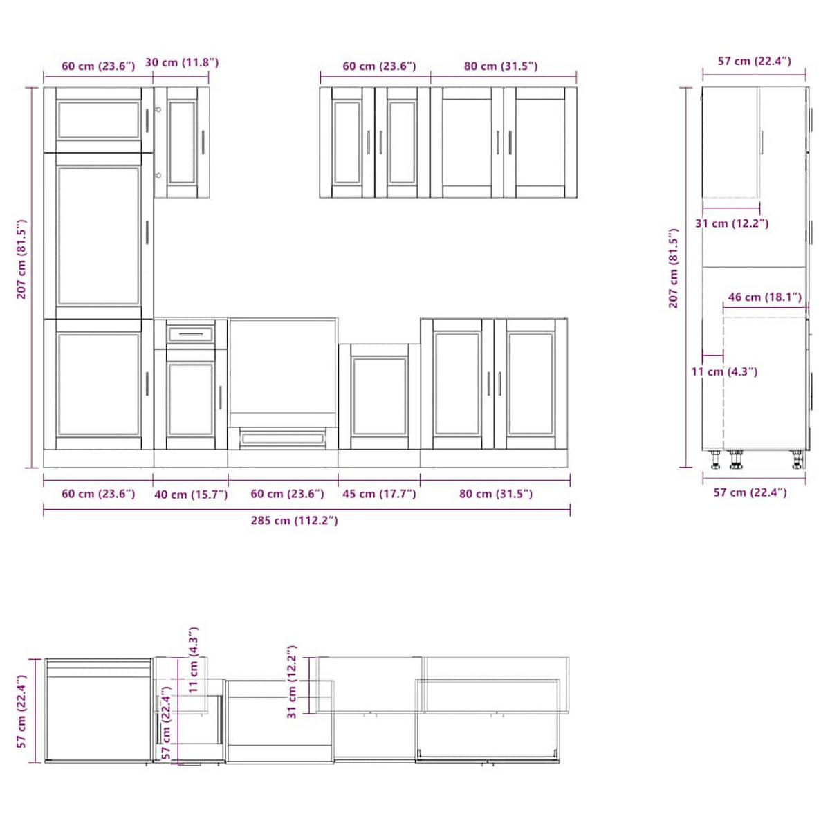 KÜCHENSCHRANK 8er Set Kalmar Grau Sonoma Holzwerkstoff - Grau, Holzwerkstoff (57/207/60cm) - vidaXL