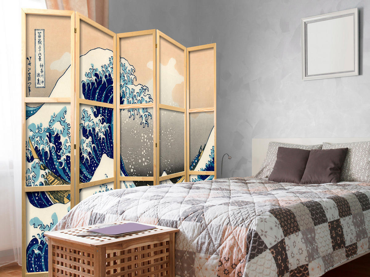 PARAVENT Japanischer 5-tlg 225x172 cm Meereswelle - Multicolor, Holz/Textil (225/172/3cm) - Muralo