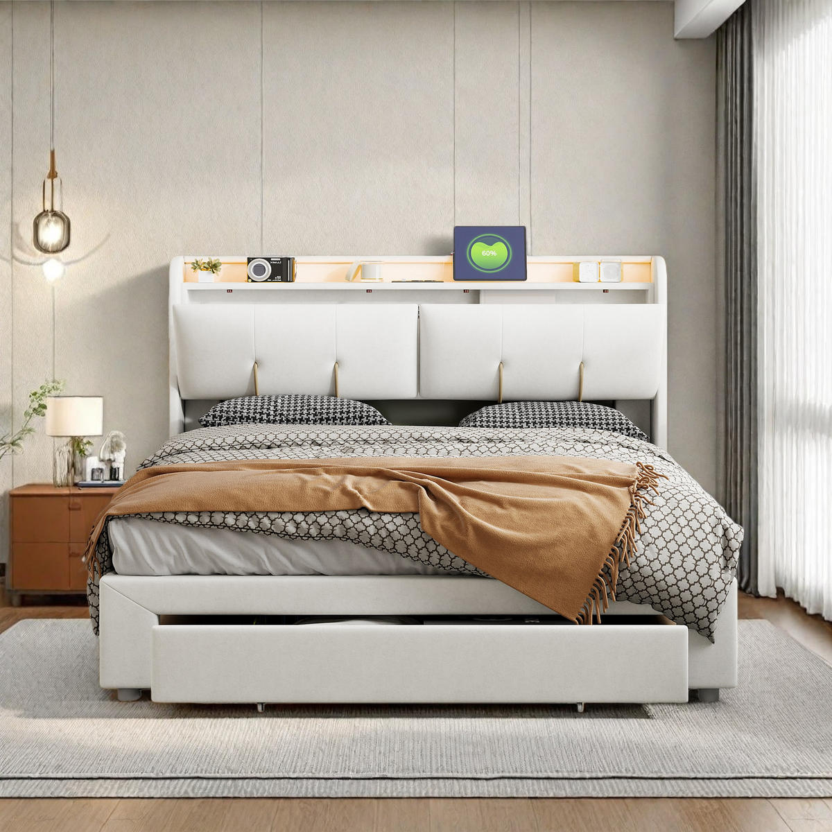 POLSTERBETT 140 x 200 cm, mit USB-Anschluss und LED-Beleuchtung, 2 Schubladen und hydraulischem Stauraum, beige, Samt. - Beige, Holz (140/200cm) - WoodenAura