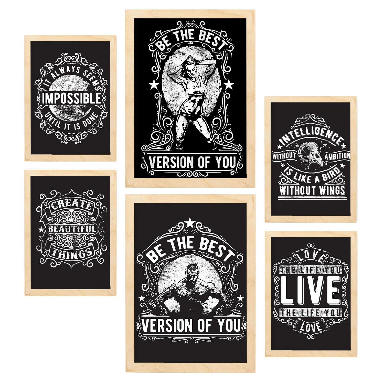 POSTER Set Mit 6 Inspirierend In Rustikale Zitate A3 & A4 Rahmen Aus Hellem Holz - Beige, Papier (29/3cm) - Nacnic