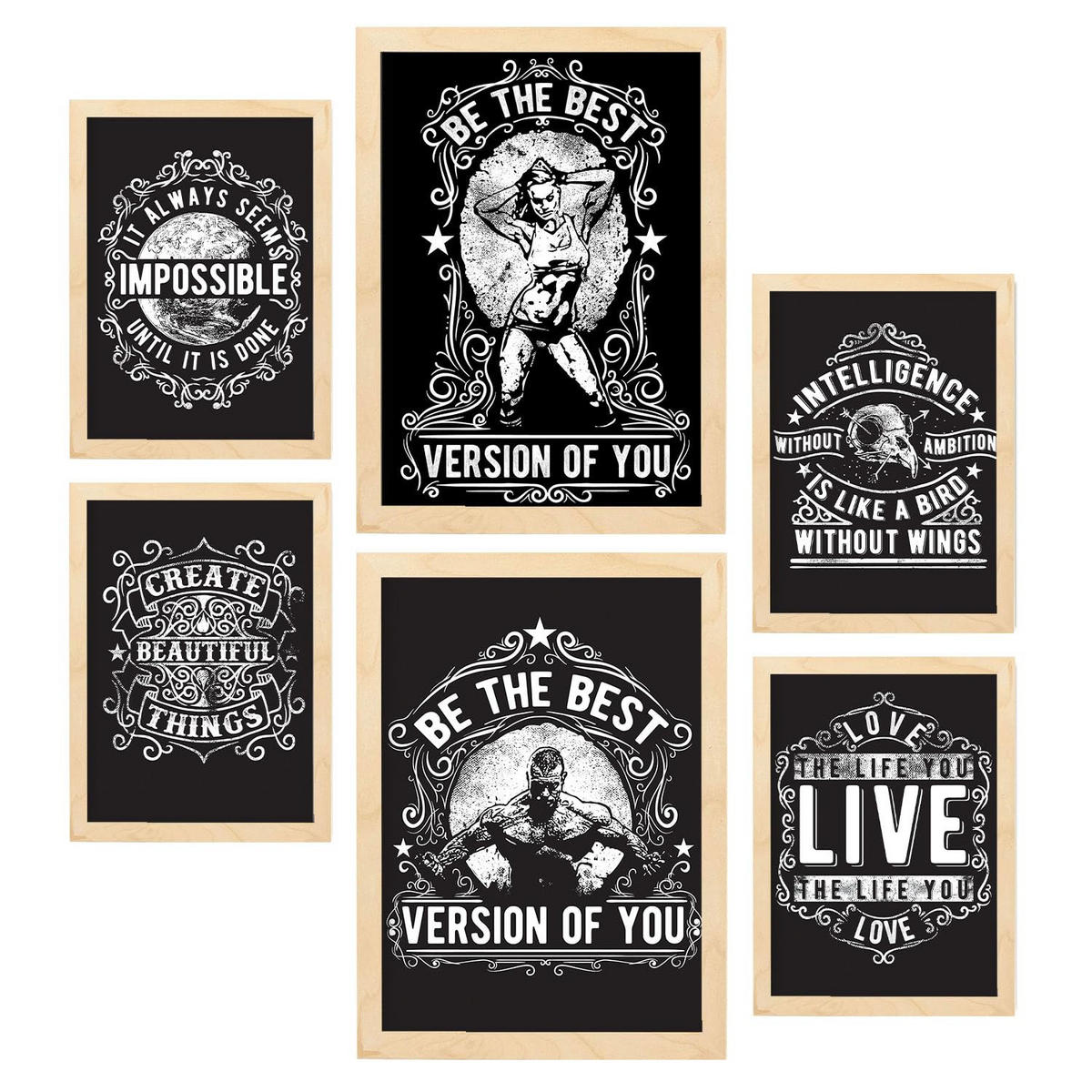 POSTER Set Mit 6 Inspirierend In Rustikale Zitate A3 & A4 Rahmen Aus Hellem Holz - Beige, Papier (29/3cm) - Nacnic