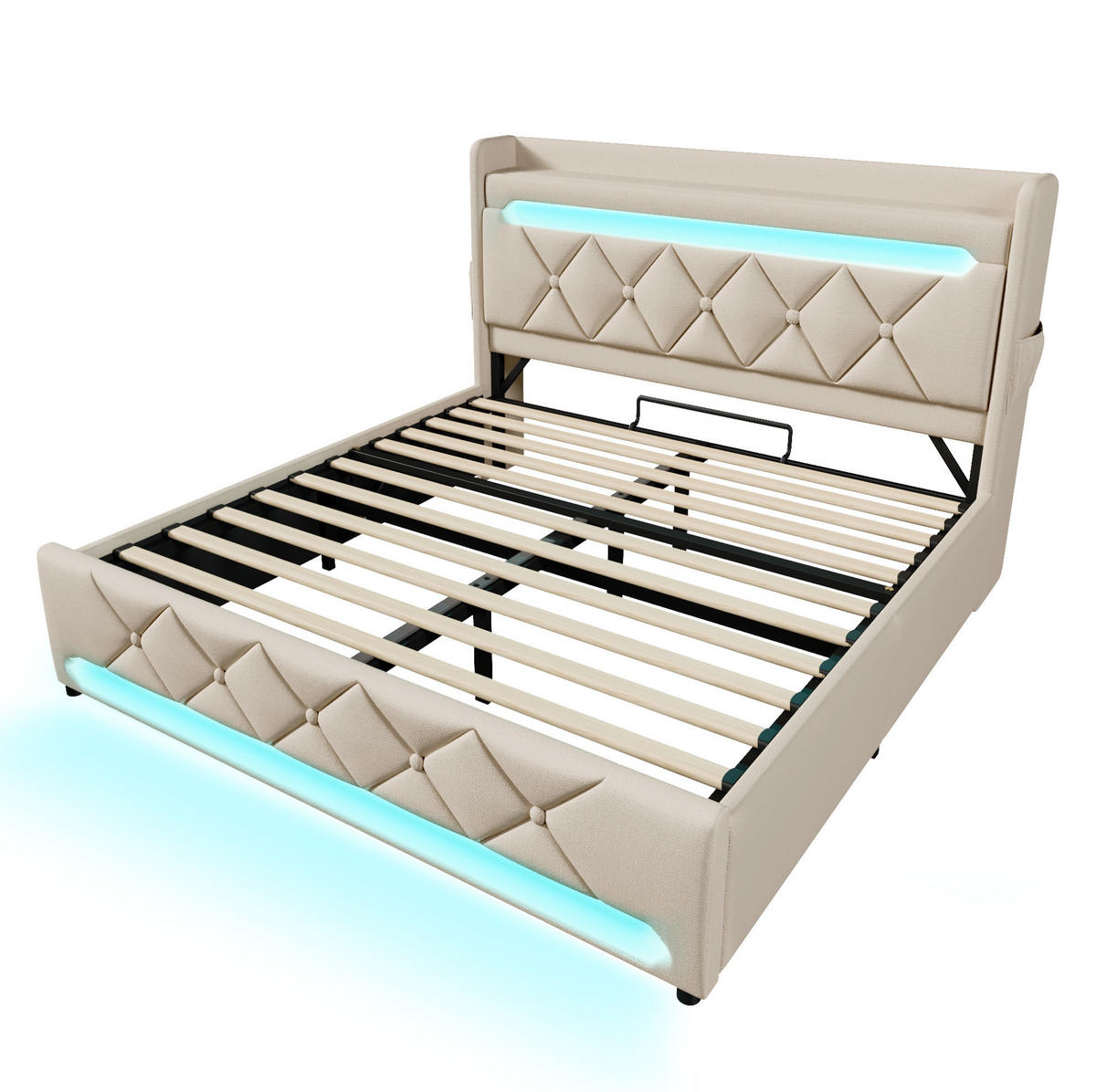ČALÚNENÁ posteľ 140/190 cm z ľanu béžová s LED osvetlením, USB a úložným priestorom - béžová, textil (140/190cm) - BEAOK
