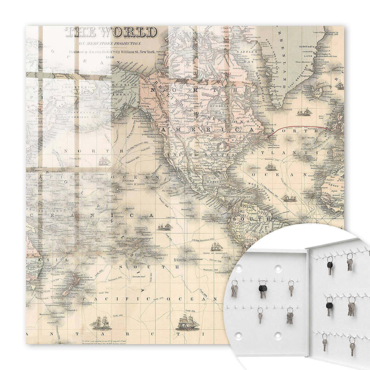 SCHLÜSSELBOX Weiß 30x30 cm – Türöffnung nach rechts - Weltkarte - Beige, Metall (30/30/5cm) - TULUP