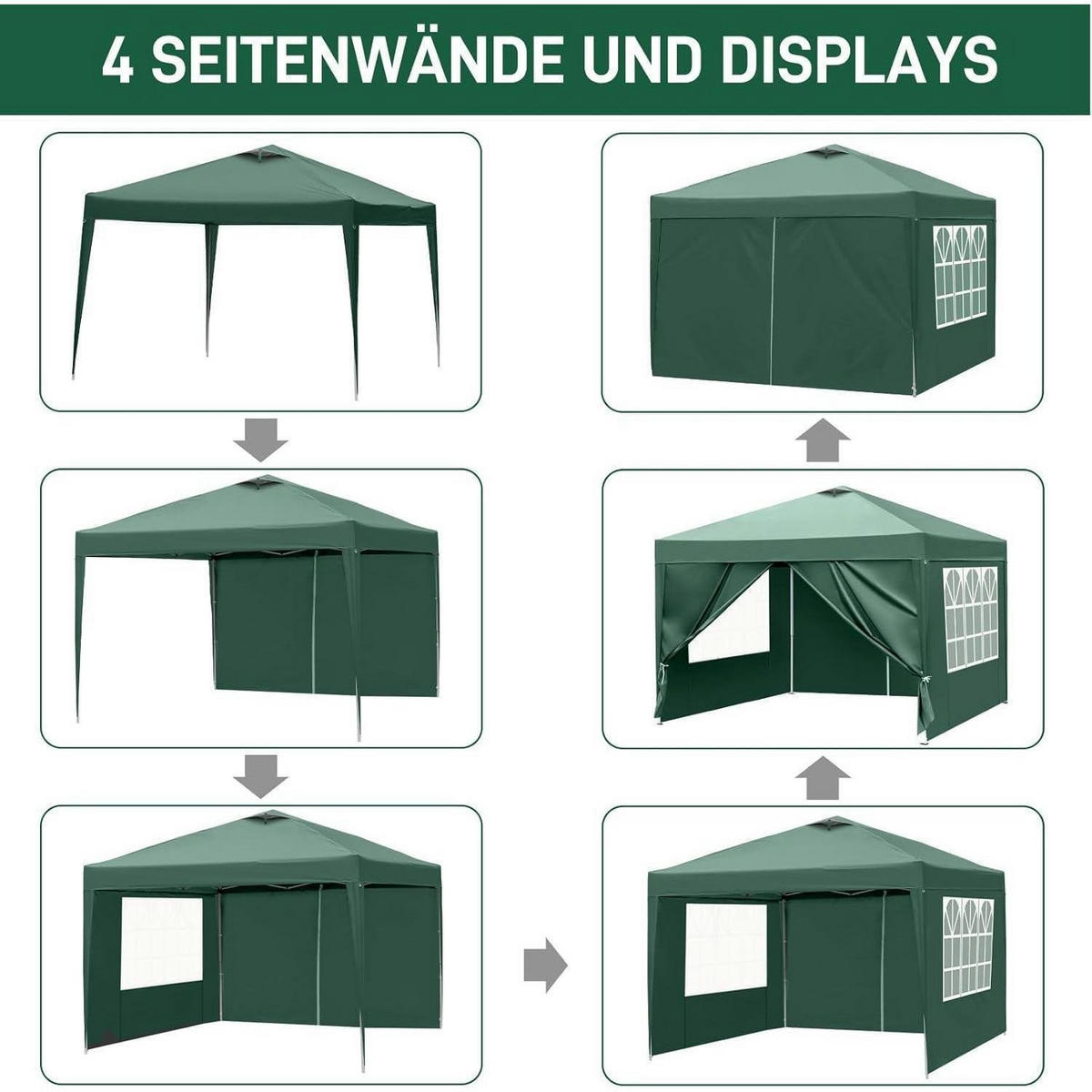 FALTPAVILLON 3x3m Grün Wasserdicht Höhenverstellbar UV-Schutz 50+ - Grün, Textil (300/255/300cm)