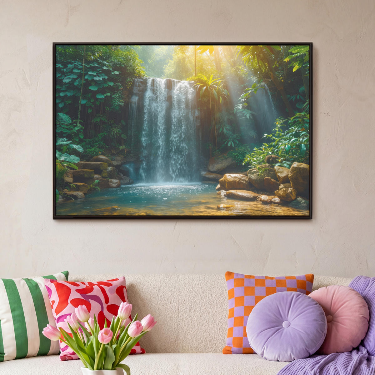 LEINWAND Bilder mit Rahmen - Wasserfall - Dschungel - Sonne - Grün - Natur - 90x60 - Grün, Textil (90/60cm) - MuchoWow