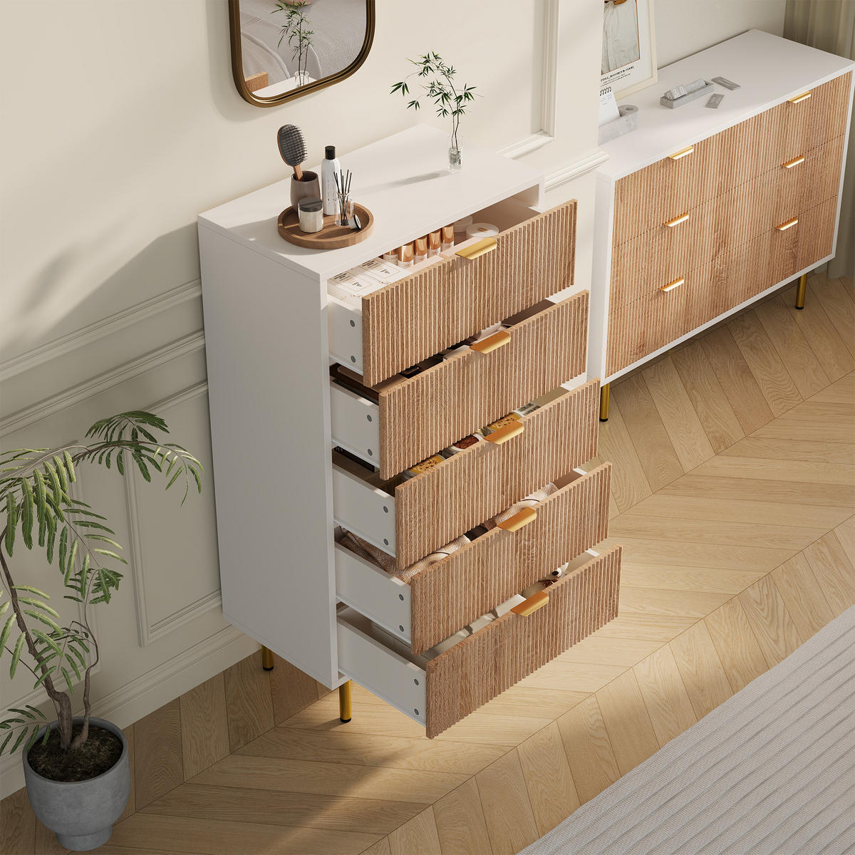 KOMMODE Holzoptik 5 Schubladen Schubladenschrank Naturfarbe - Eichefarben, Holz/Metall (30/110/60cm) - PARAFTA HOME