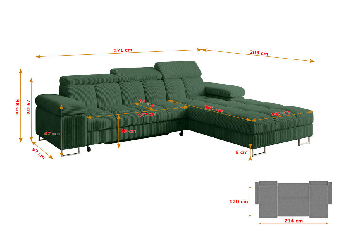 ECKSOFA mit Schlaffunktion Ottomane Rechts COMA L 271x203x79 Grün Cord - Waldgrün, Holzwerkstoff/Textil (203/271cm) - ALTDECOR