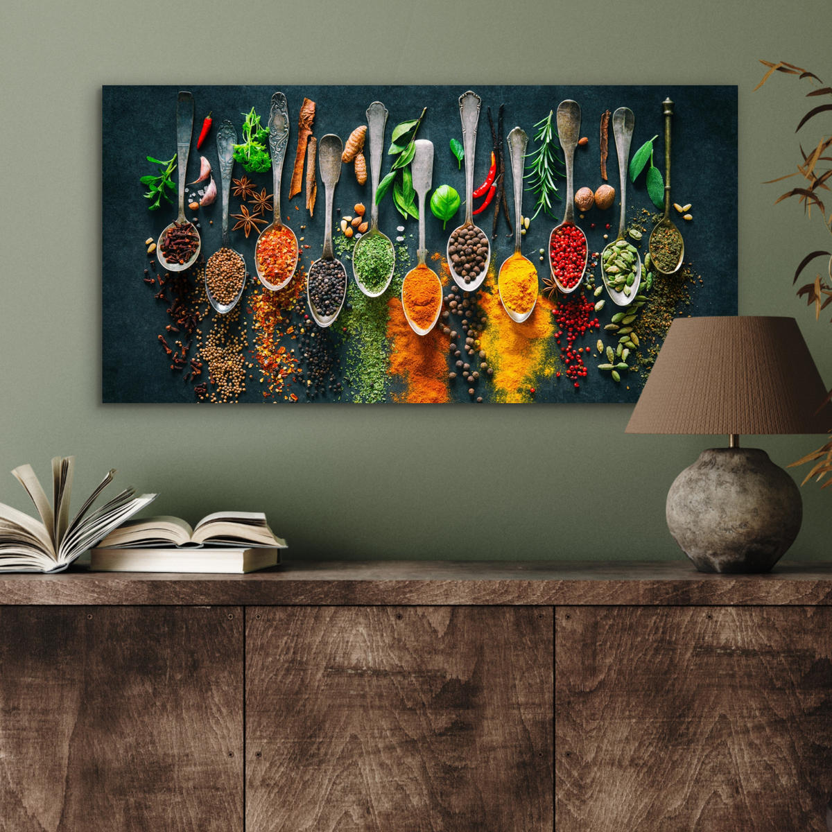 KOVOVÝ OBRAZ Bylinky - korenie - lyžičky 80x40 cm - kari žltá, kov (80/40cm) - MuchoWow