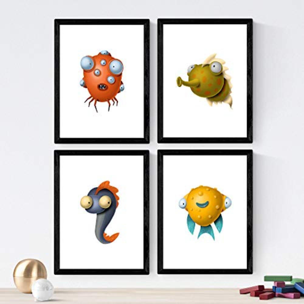 POSTER Set mit 4 Lustige Fischen A4 Rahmenlos - Klar, Papier (29.7/3cm) - Nacnic