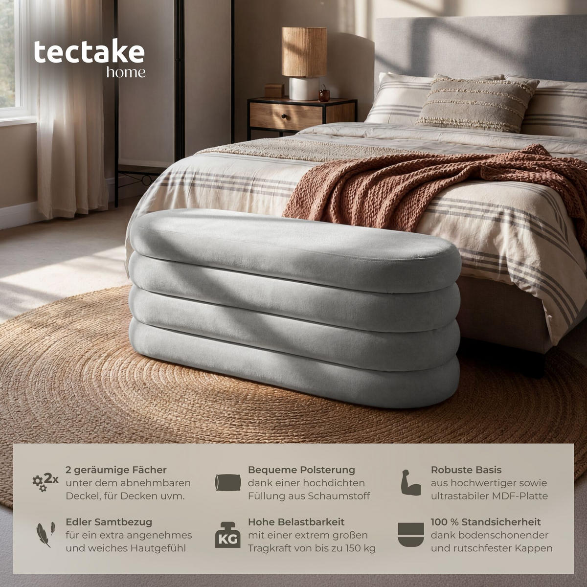TRUHENBANK Altu,110 x 45 x 42 cm,Samtoptik grau - Samtahornfarben, Holz (110/42/45cm) - tectake