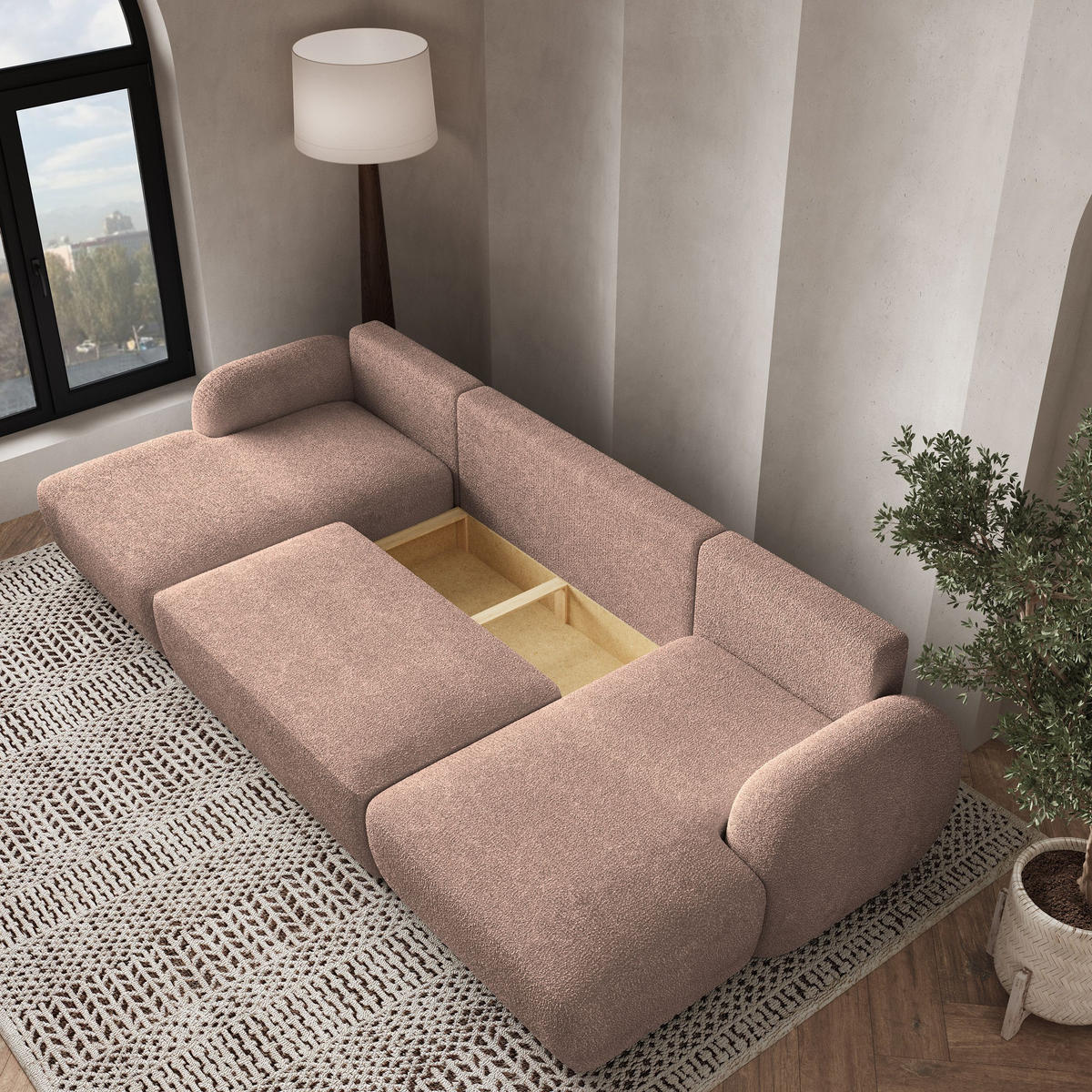 WOHNLANDSCHAFT SAVONA N Rosa Boucle-Stoff mit Schlaffunktion - Rosa, Holz (320/90/148cm) - MASSENO