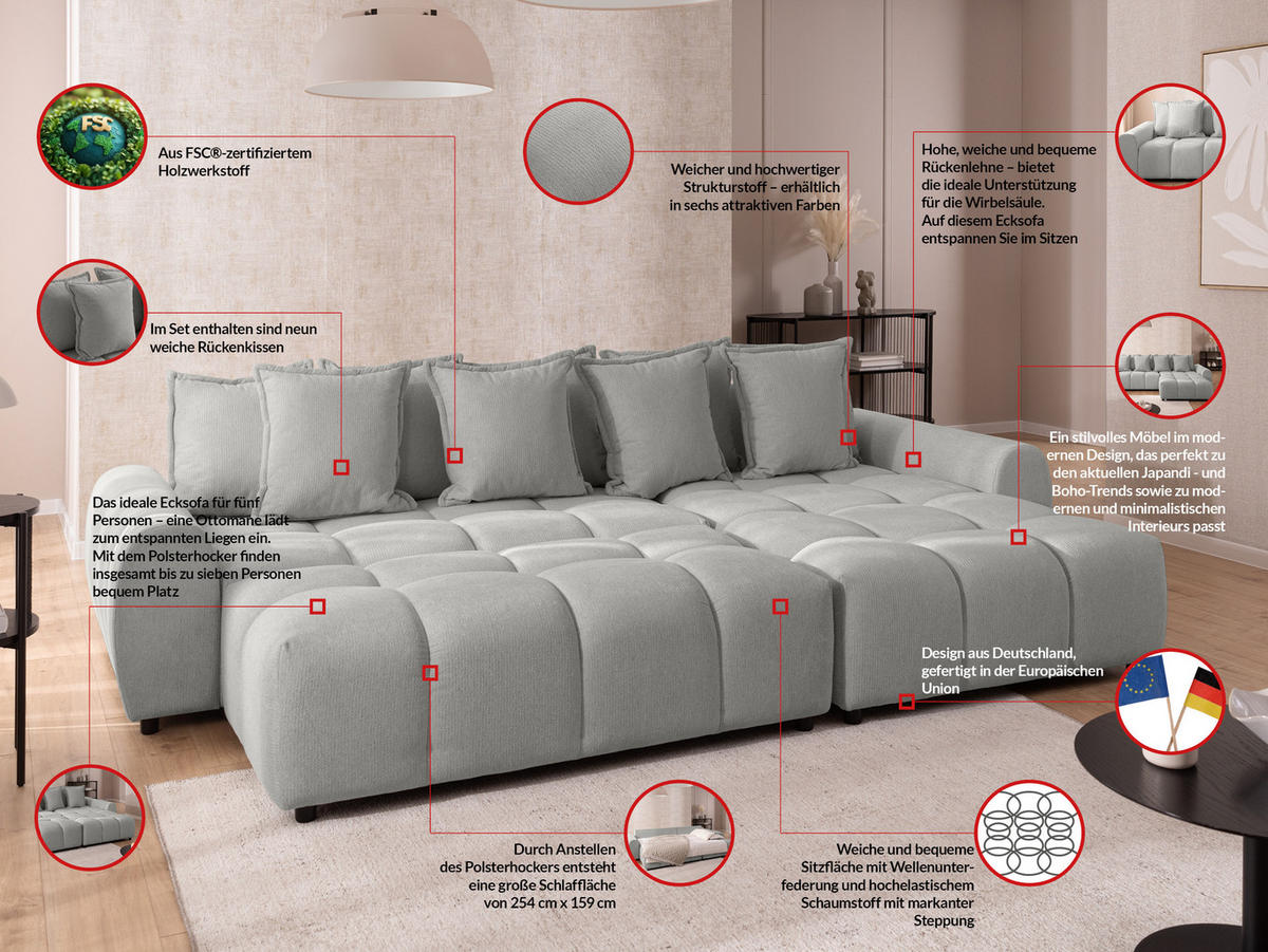 ECKSOFA inkl. Hocker Bubble mit Schlaffunktion und losen Rückenkissen, Sitzfläche Bubble-Optik aus weichem Hellegrau Strukturstoff - Ottomane Rechts - Hellgrau/Schwarz, Holz/Kunststoff (306/180cm) - S-Style Möbel