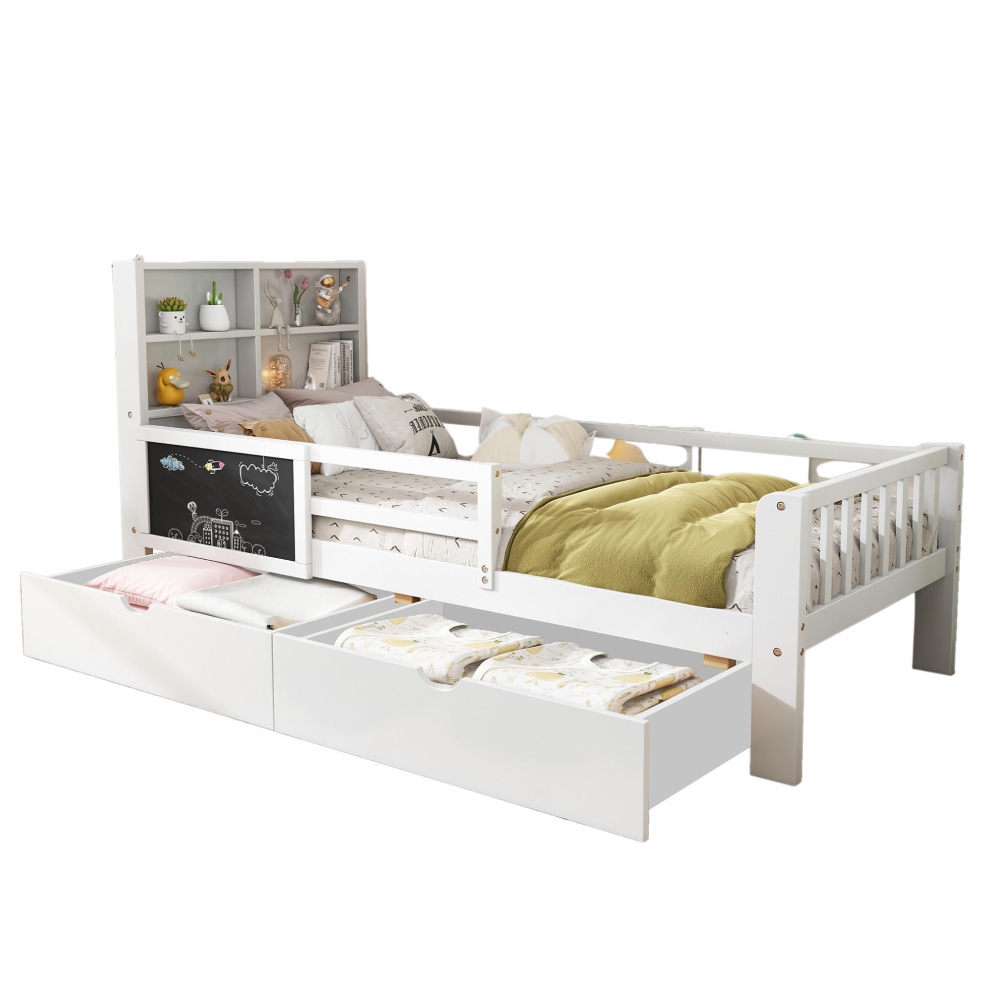 KINDERBETT 90/200 cm aus Massivholz und MDF mit Schubladen, Tafel und Sicherheitsleiste Weiß - Weiß, Holz (90/200cm) - Modenvie