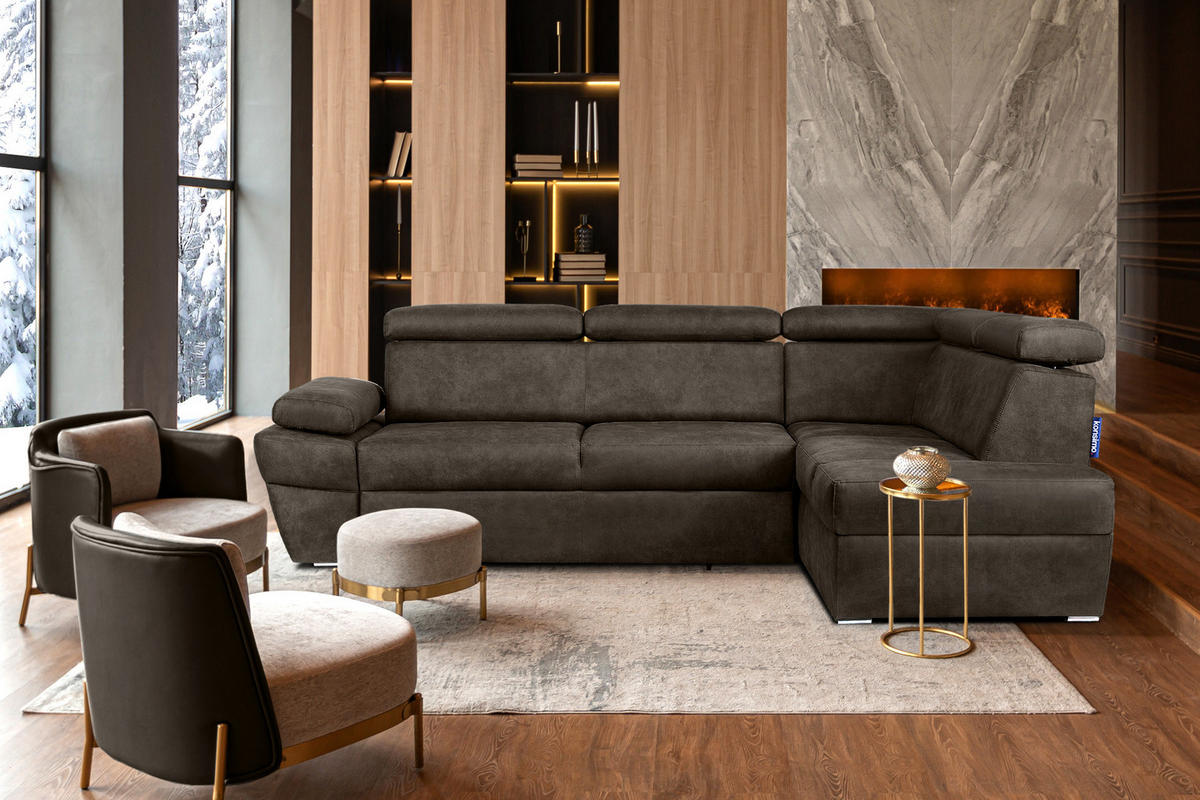 SCHLAFECKSOFA RATLO rechts 4/5-Sitzer mit Bettkasten in Lederoptik, grau - Dunkelgrau/Silberfarben, Textil (270/190cm) - KONSIMO®