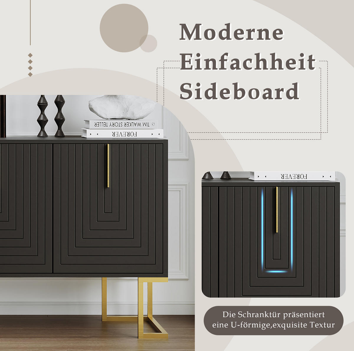 SIDEBOARD 130/40/80 cm schwarz aus MDF mit 3 Türen und verstellbaren Regalen - Schwarz, Holzwerkstoff (138/80.5/40cm) - OKWISH