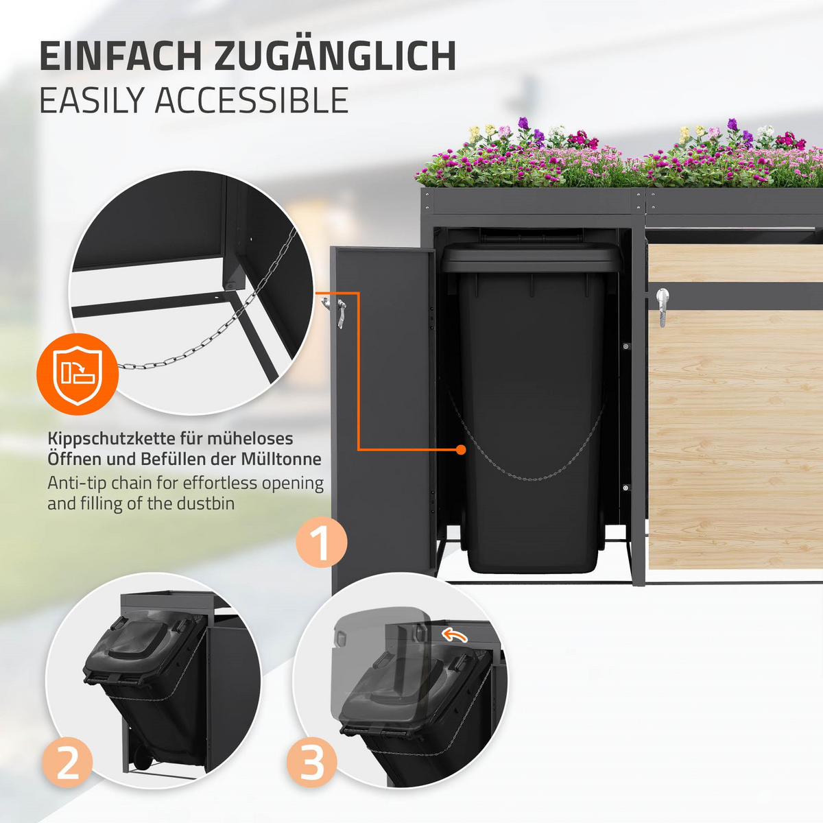 MÜLLTONNENBOX 3er mit Pflanzdach Anthrazit-Lärchenoptik - Hellbraun, Metall (200/124/80cm) - ML-DESIGN