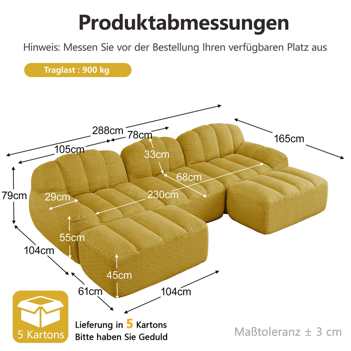 WOHNLANDSCHAFT DE-34312 3-Sitzer mit 2 Ottomans Gelb - Gelb, Textil (165/79/288cm) - ComfortXL