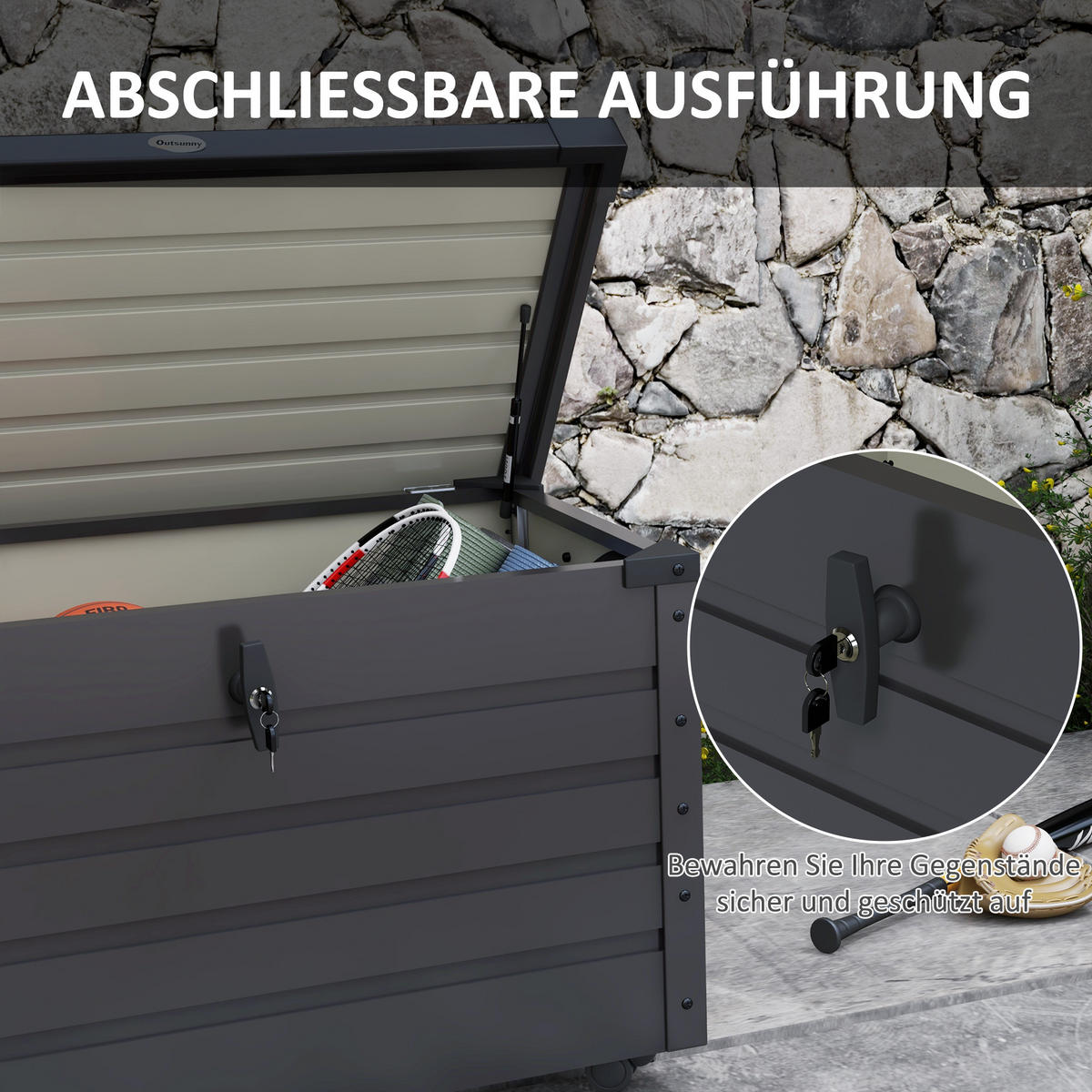 AUFBEWAHRUNGSKISTE mit Rollen mit Schloss, für Balkon, Terrasse, Stahl, Dunkelgrau - Dunkelgrau, Metall (62/65/100cm) - Outsunny