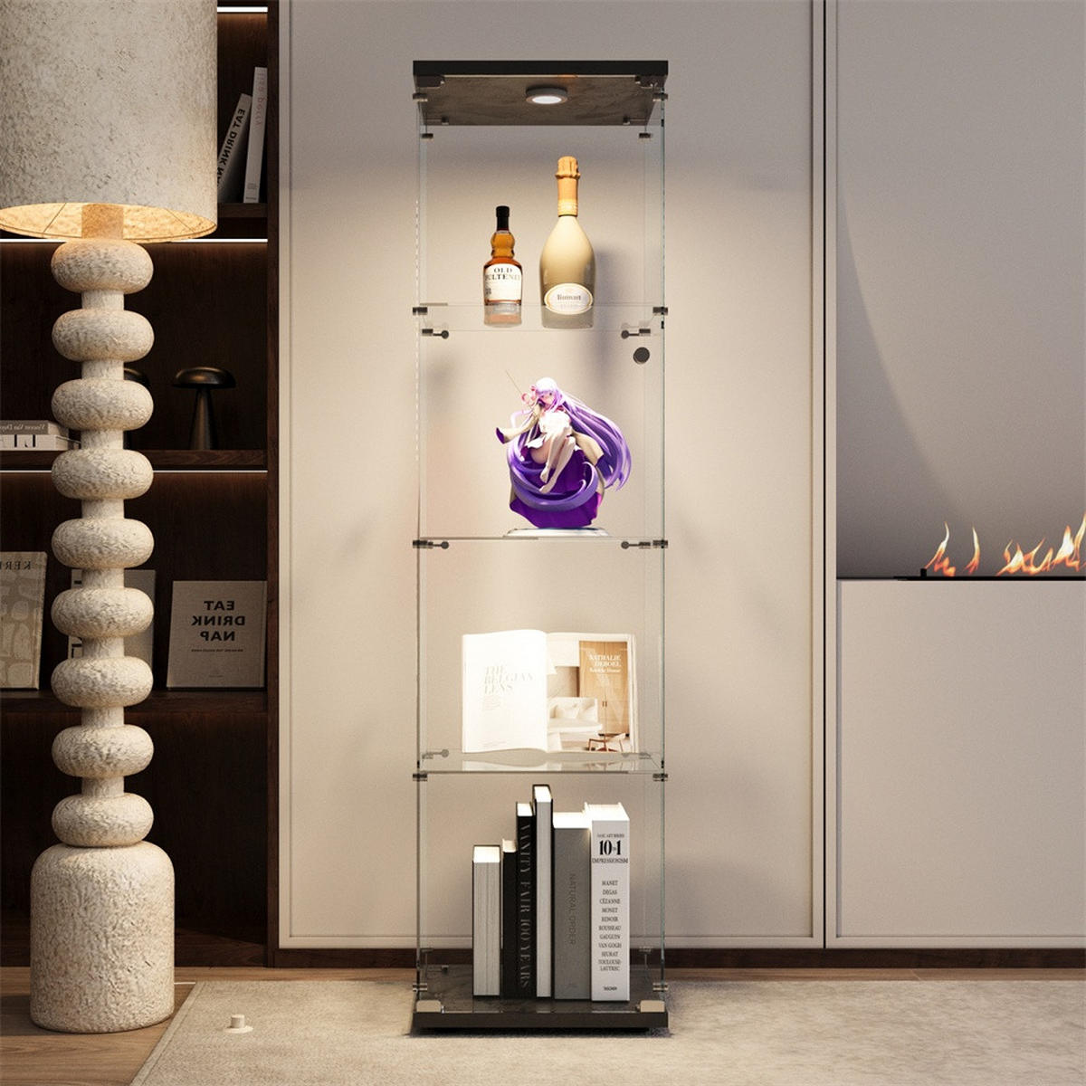 VITRINE mit LED Beleuchtung - Glaskvitrine mit 4 Ebenen und 1 Glastür - für Wohnzimmer und Büro - Schwarz - Schwarz, Glas (42.5/163.5/36.5cm) - DELFA