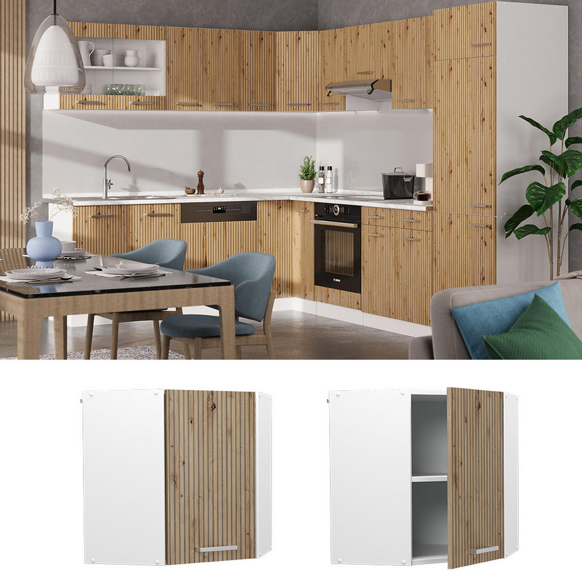 ECKHÄNGESCHRANK R-Line Artisan-Eiche 57 cm - Weiß/Eiche Artisan, Holzwerkstoff (57/60/34.1cm) - Vicco