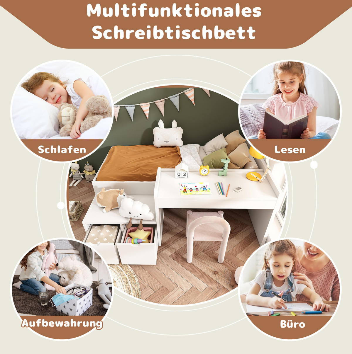 KINDERBETT 90/200 cm Weiß aus Kiefer-Massivholz und MDF mit Schreibtisch und Schubladen - Weiß, Holz (90/200cm) - OKMYHOME