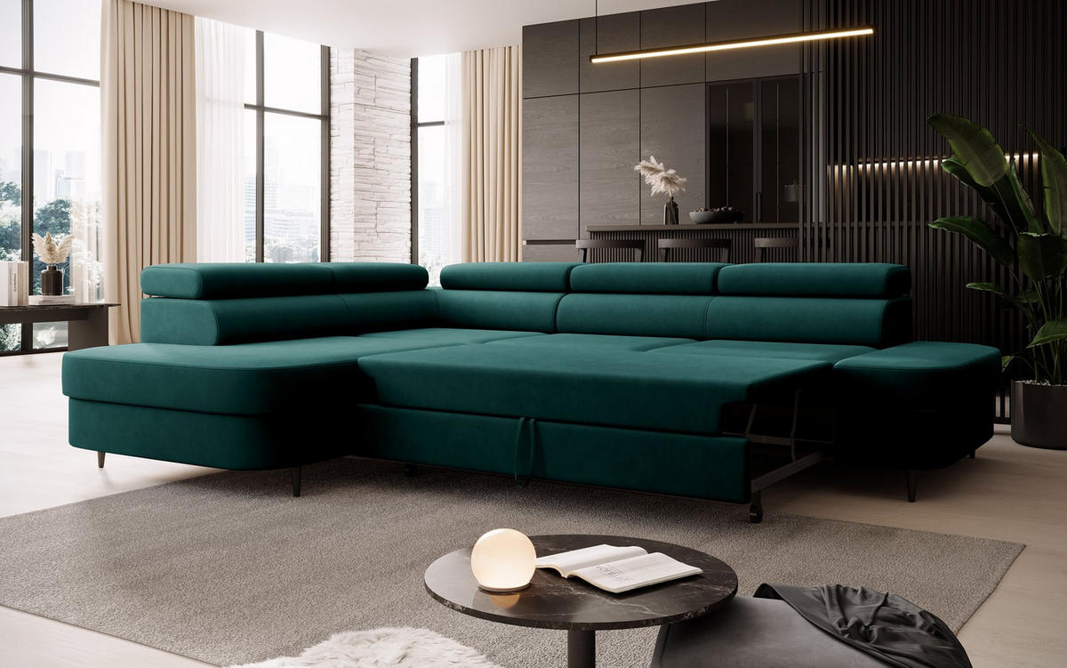 ECKSOFA Priam L-Form mit Schlaffunktion und Stauraum Modern Form Grün - Dunkelgrün, Holz/Textil (275/203cm) - Muffo