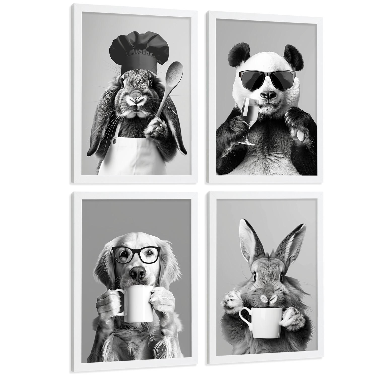 Nacnic PLAKAT Sada 4 Funny Animals byn A3 Bílý rám