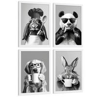 POSTER 4er Set Lustige Tiere Schwarz Weiß Wandbilder Hase Panda Golden Retriever Koch Küche Deko Weißer Rahmen A3 - Weiß, Papier (29.7/1/42cm) - Nacnic