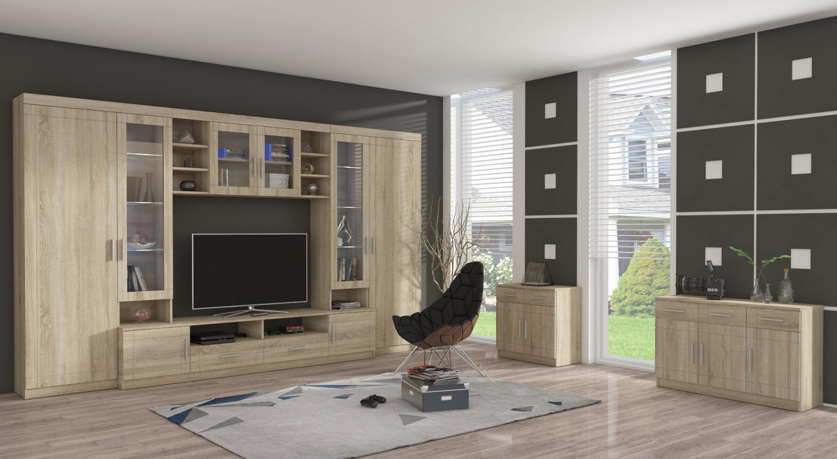 WOHNWAND Savanna mit TV-Lowboard, Vitrinen, 340x198 cm, sonoma - Sonoma Eiche, Metall (50/198/340cm) - Margaret Hadas24
