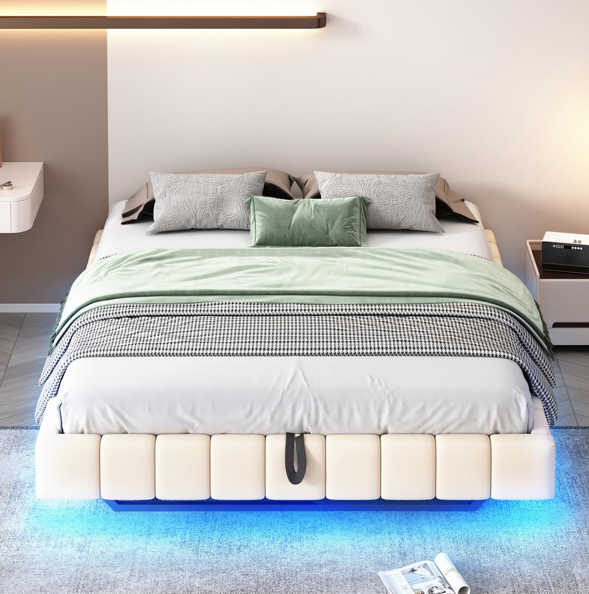 POLSTERBETT aus Leinen 160x200 cm Beige mit LED-Lichtleiste, Bettkasten und schwebender Optik - Beige, Textil (160/200cm) - Modfu