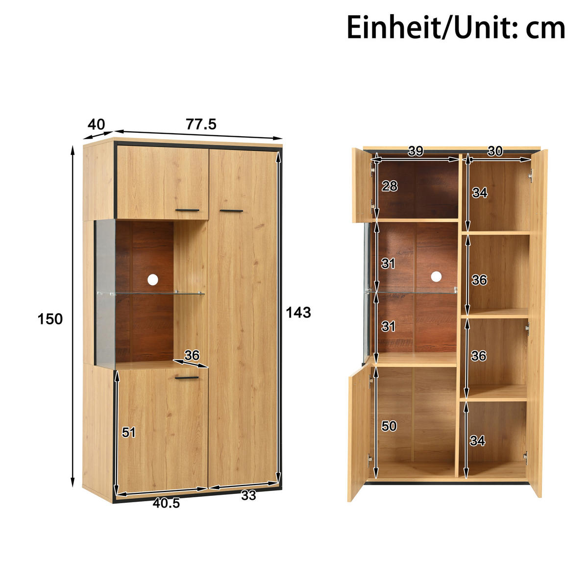 VITRINE 40/77,5/150 cm naturfarben aus MDF mit Glastür und LED - Naturfarben, Holzwerkstoff (77.5/150/40cm) - OKWISH