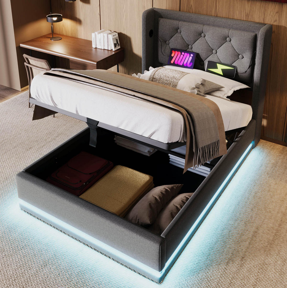 BETT mit Stauraum, USB & LED 90x200 cm Baumwolle Grau inkl. Matratze - Grau, Metall (90/200cm) - Meubliv