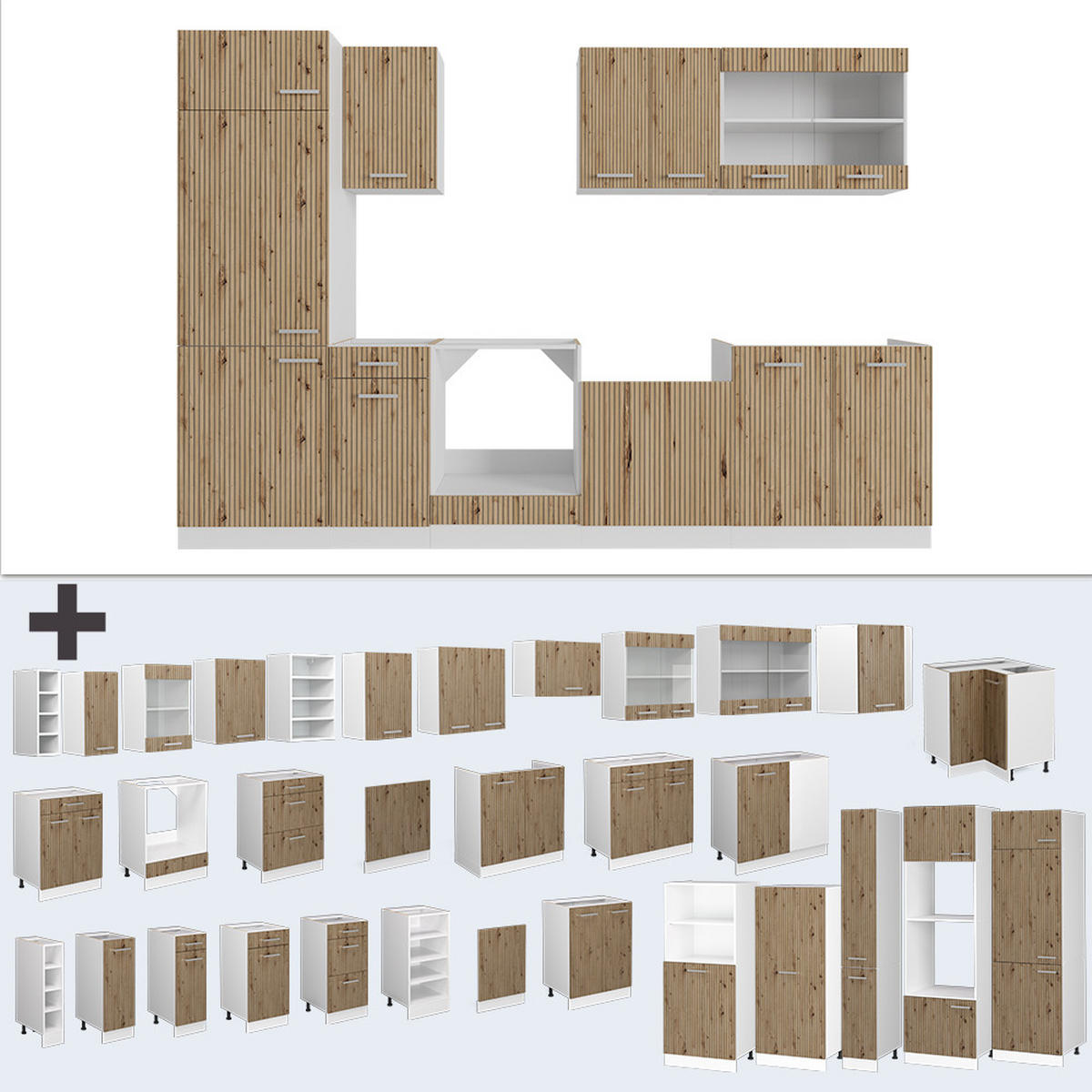 KÜCHENZEILE R-Line Artisan Eiche/Weiß 300 cm, AP Eiche - Eiche Artisan/Weiß, Holzwerkstoff (300/81.6/60cm) - Vicco
