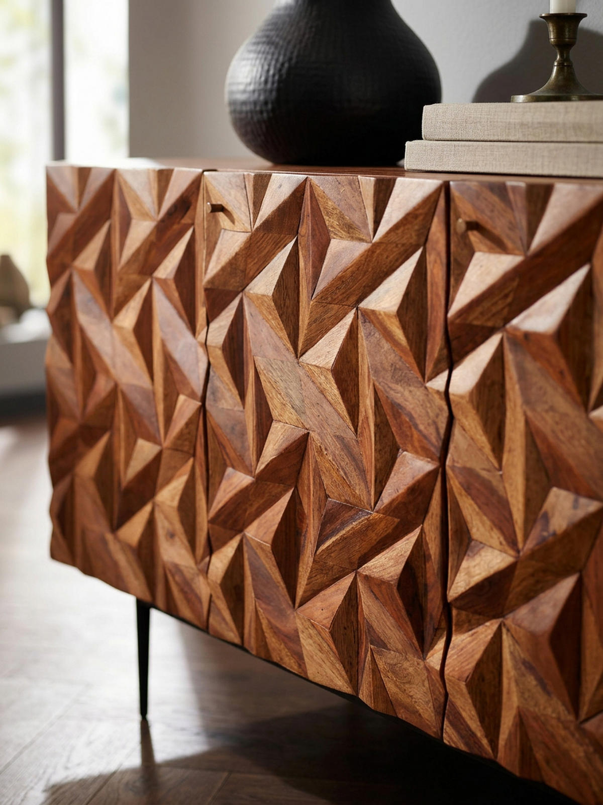 SIDEBOARD – "Metallux", Massivholz, braun, 3D-Oberfläche, modern - Schwarz/Braun, Holz/Metall (144/72/47cm) - KADIMA DESIGN