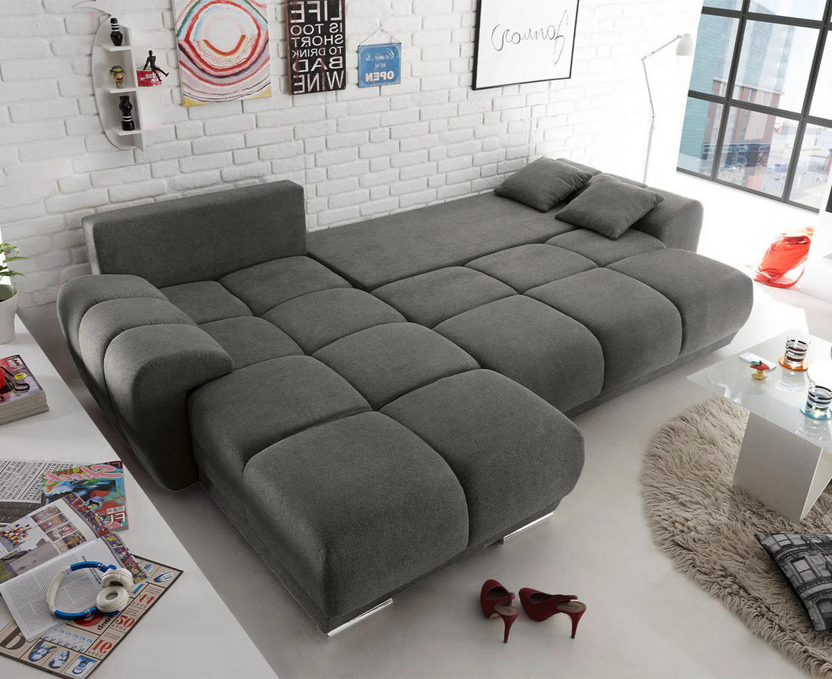 ECKSOFA beidseitig montierbar, Schlaffunktion mit Bettkasten - Chromfarben/Grau, Textil (289/189cm) - ed exciting design