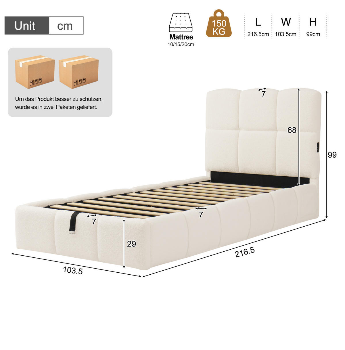 KINDERBETT 90/200 cm aus Bouclé mit Stauraum und USB-C-Anschluss Beige - Beige, Textil (90/200cm) - Modenvie