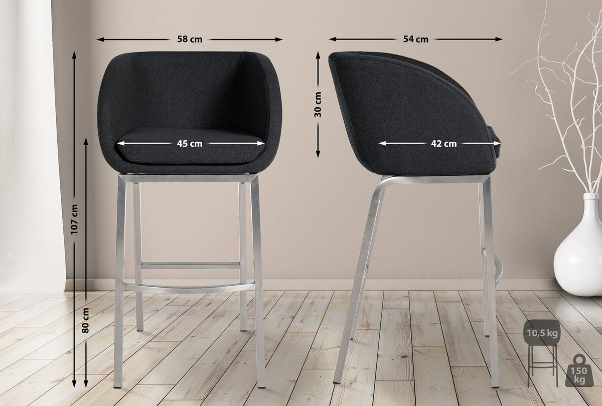 BARHOCKER Filz anthrazit - Edelstahlfarben/Anthrazit, Textil/Metall (58/107/54cm) - CLP