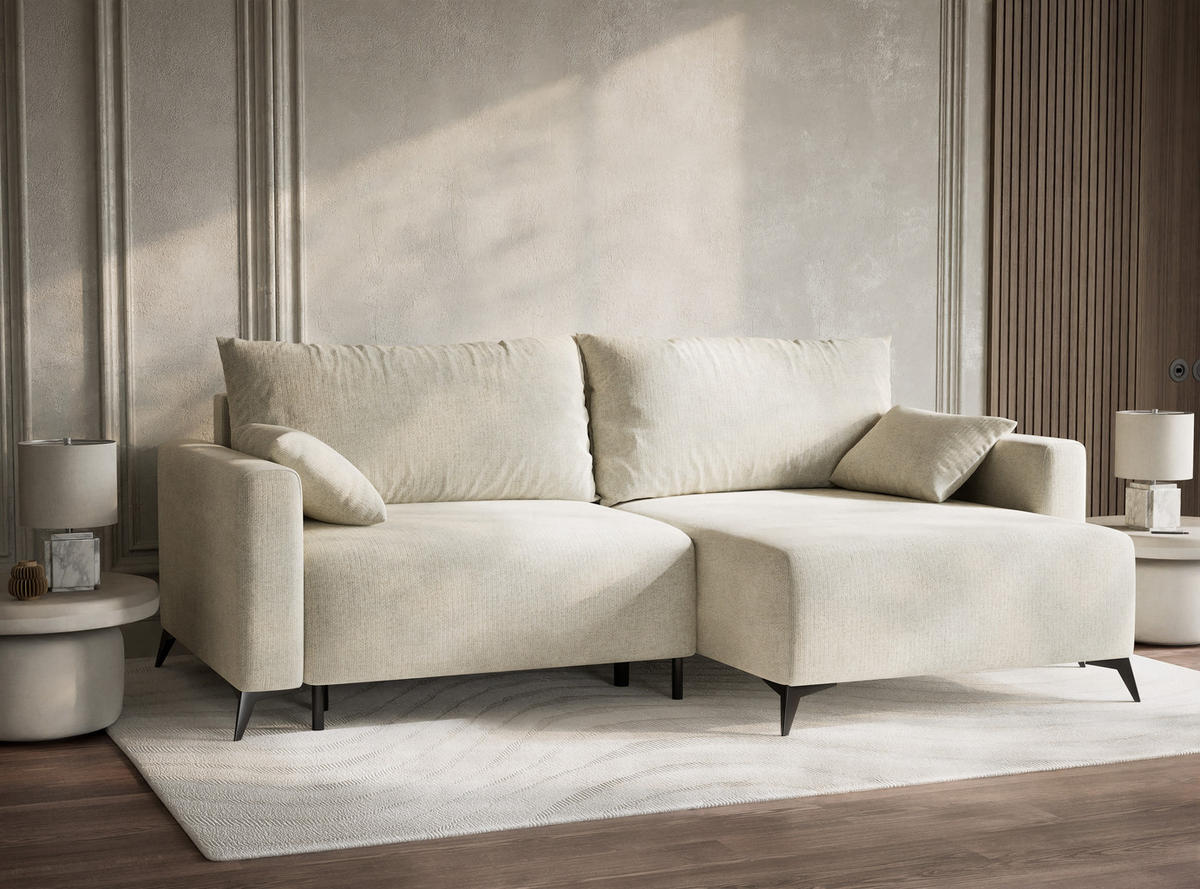 ECKSOFA MIT SCHLAFFUNKTION Leon Creme Chenille-Stoff - Creme/Schwarz, Holz/Holzwerkstoff (239/148cm) - Maison de Reve